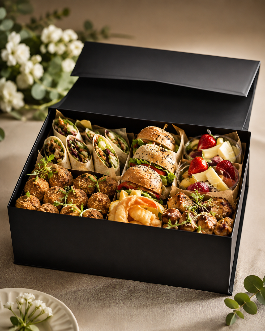 Elegancki box cateringowy z różnymi przekąskami