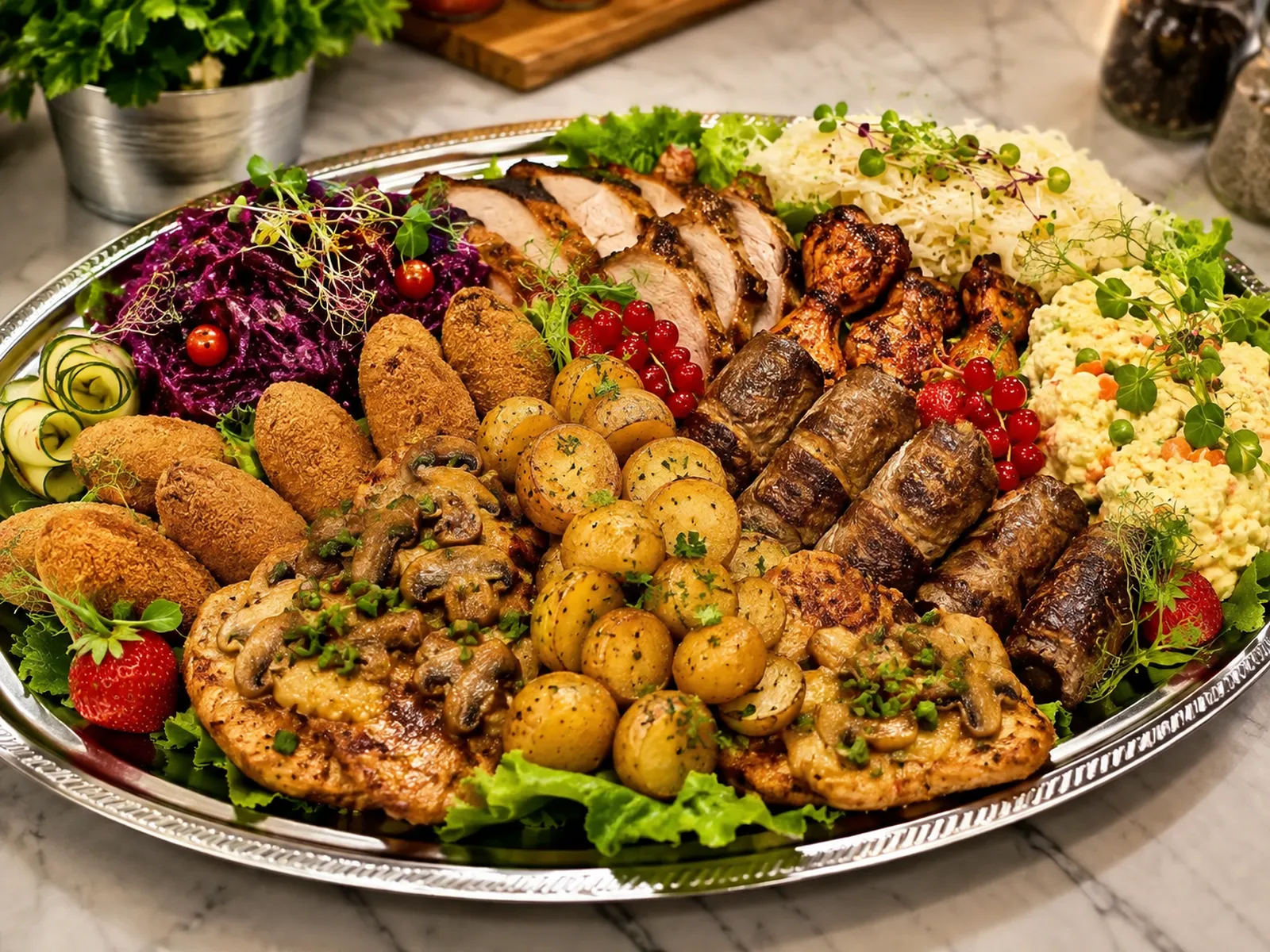 Wystawny półmisek mięs, dodatków i sałatek - catering Placek czy Naleśnik Tychy